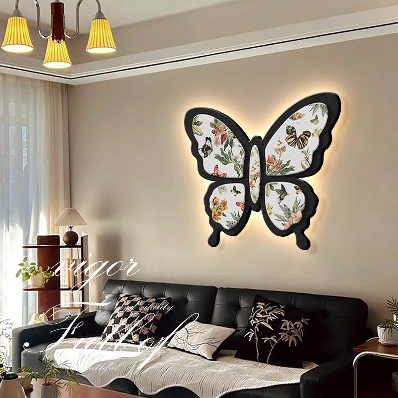 法式中古风客厅装饰画高级感电视沙发背景墙挂画蝴蝶带灯餐厅壁画,家居饰品,氛围画/灯画,淘宝优惠券,粉丝福利购,淘宝优惠卷