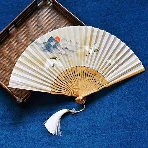 扇子棕骨飞鹤汉服旗袍折扇中国风舞蹈扇女夏季折叠古装复古典古风