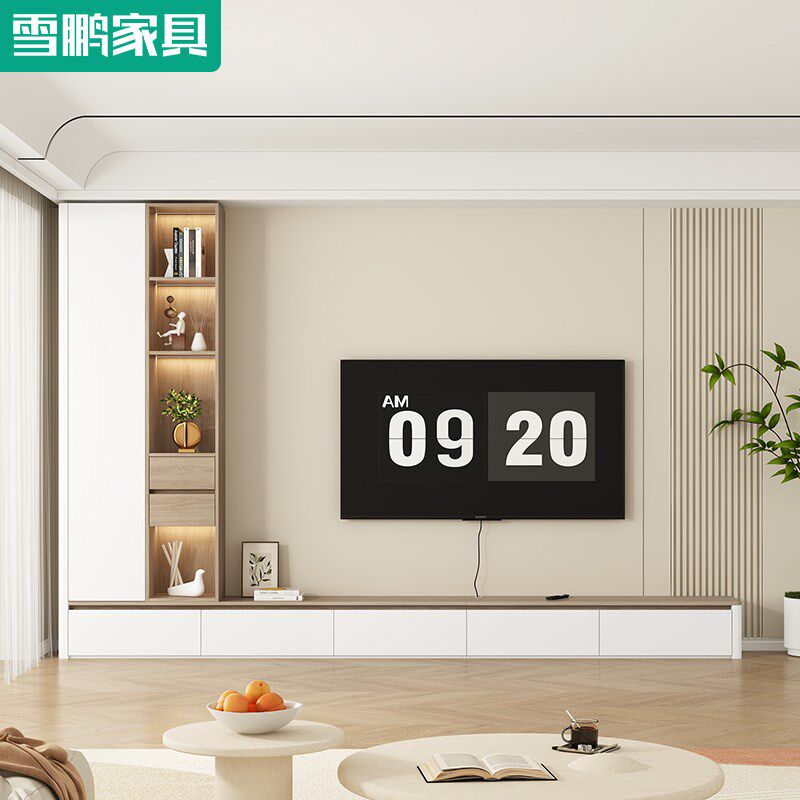 简约客厅落地电视机柜茶几书柜组合背景墙展示储物柜一体6D105