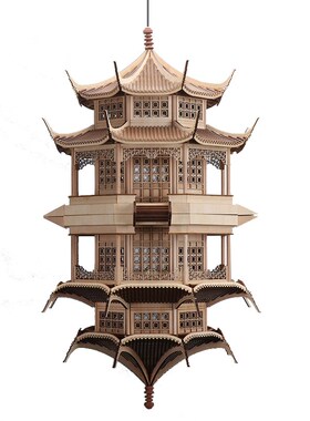 新中式创意古建筑镜像倒影八角塔样板房间售楼处酒店软装饰品摆件