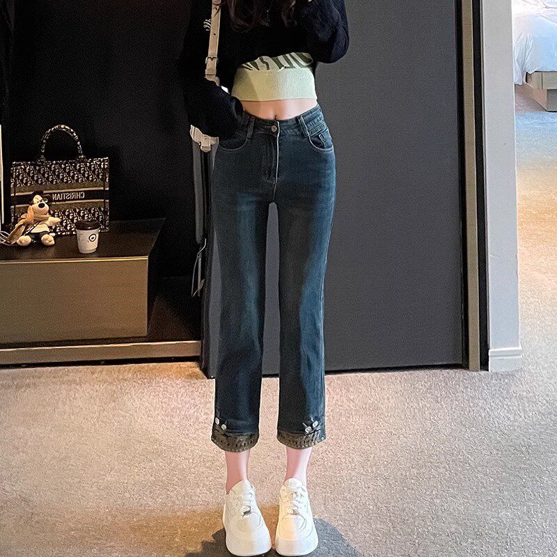 黑色国风绣花拼接八分直筒牛仔裤女秋小个子150cm显高九分烟管裤