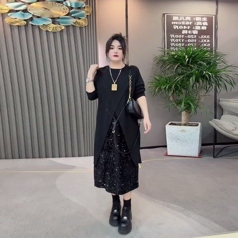 加大码女装圆领长袖交叉底摆外套亮片半身裙胖妹妹时尚显瘦两件套