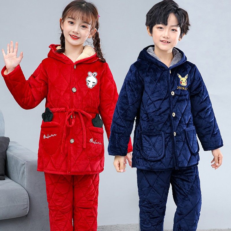 儿童睡衣冬季三层夹棉加厚款男童女孩法兰绒家居服中长款保暖套装