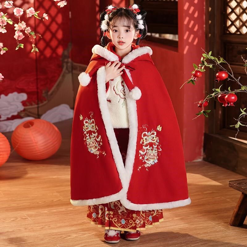 斗篷汉服披风女童冬季加厚红色儿童保暖外穿冬天中国风古装拜年