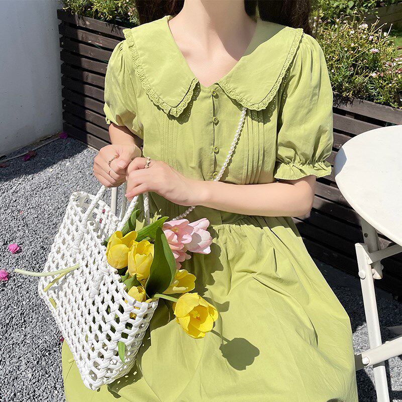 连衣裙少女娃娃领夏季初中学生高中女生夏装长款过膝长裙子学院风