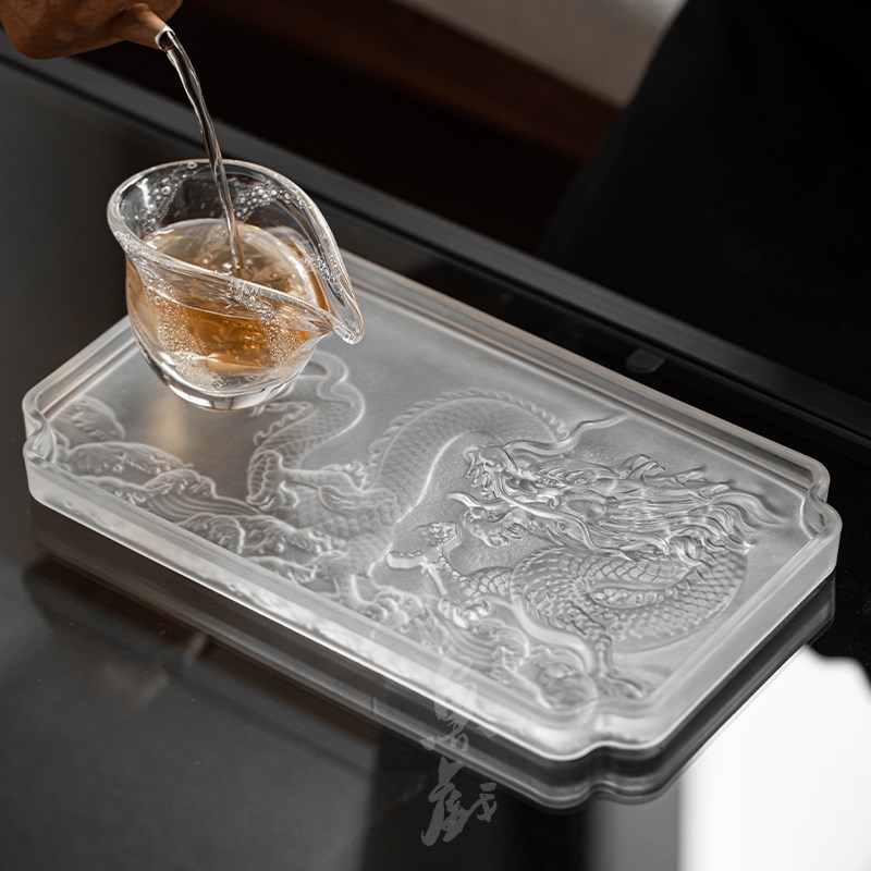 鱼戏手工祥龙磨砂玻璃茶盘壶承中式家用干泡台茶具托盘茶托小茶台
