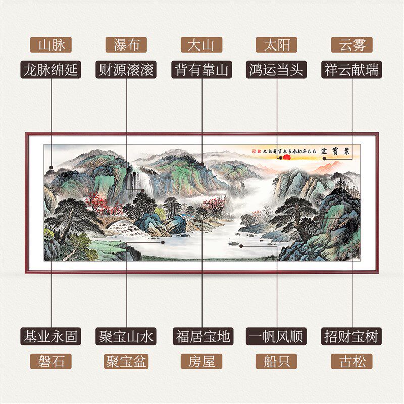 聚宝盆山水画客厅挂画风景西墙聚财新中式沙发背景墙装饰画靠山图