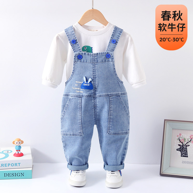 宝宝牛仔背带裤男童2023春装新款一岁儿童软牛仔裤女小童婴儿裤子