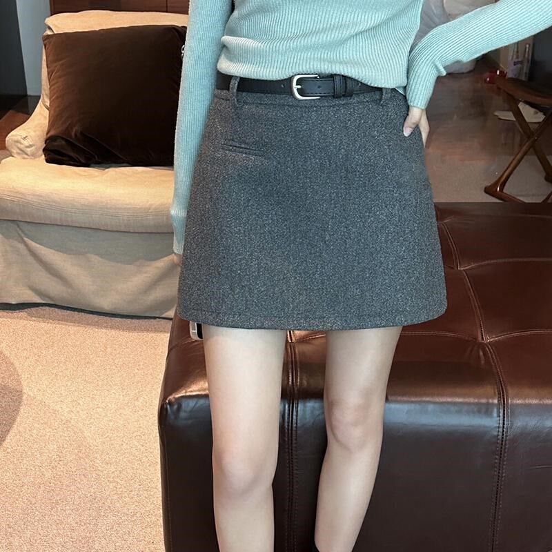 灰色毛呢半身裙女2024秋新款百搭气质a字裙高腰显瘦包臀短裙子黑