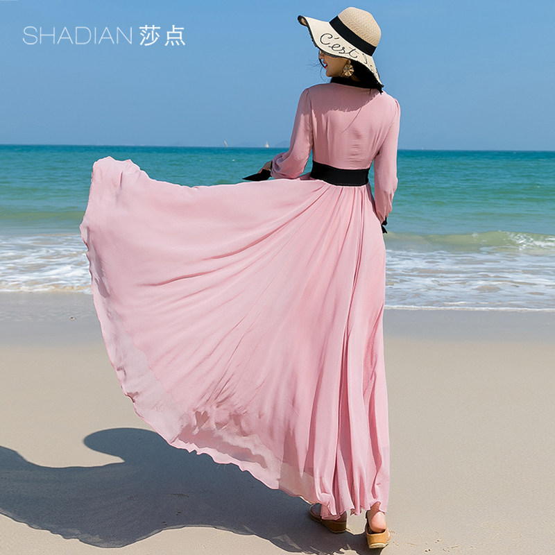 早秋雪纺长裙大摆海边度假连衣裙长款女夏长袖沙滩裙2021新款高端