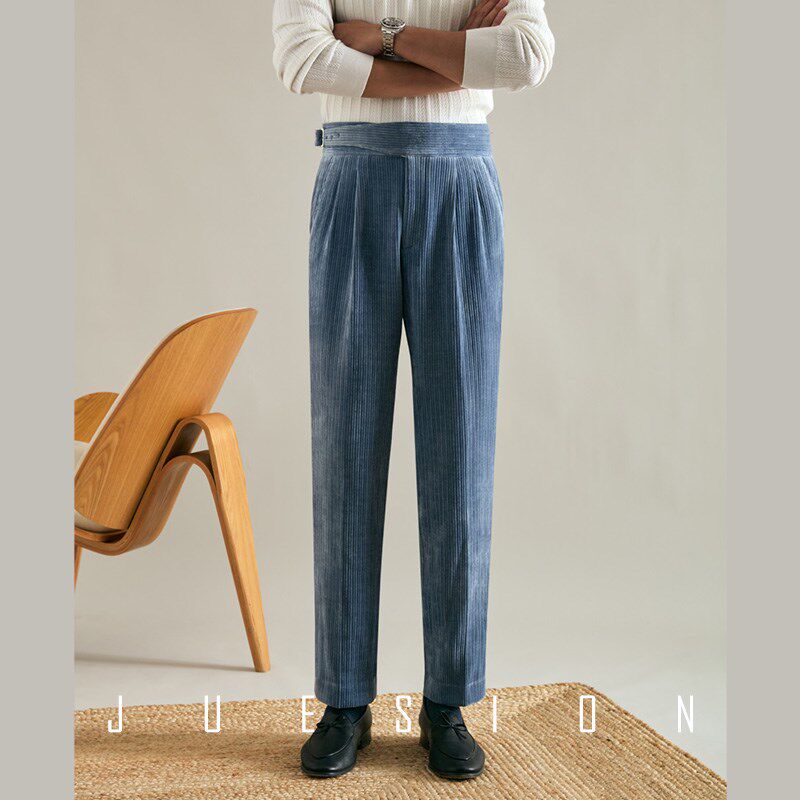 JUESION 意式双褶西裤男秋冬款灯芯绒休闲商务厚款廓尔格西装长裤