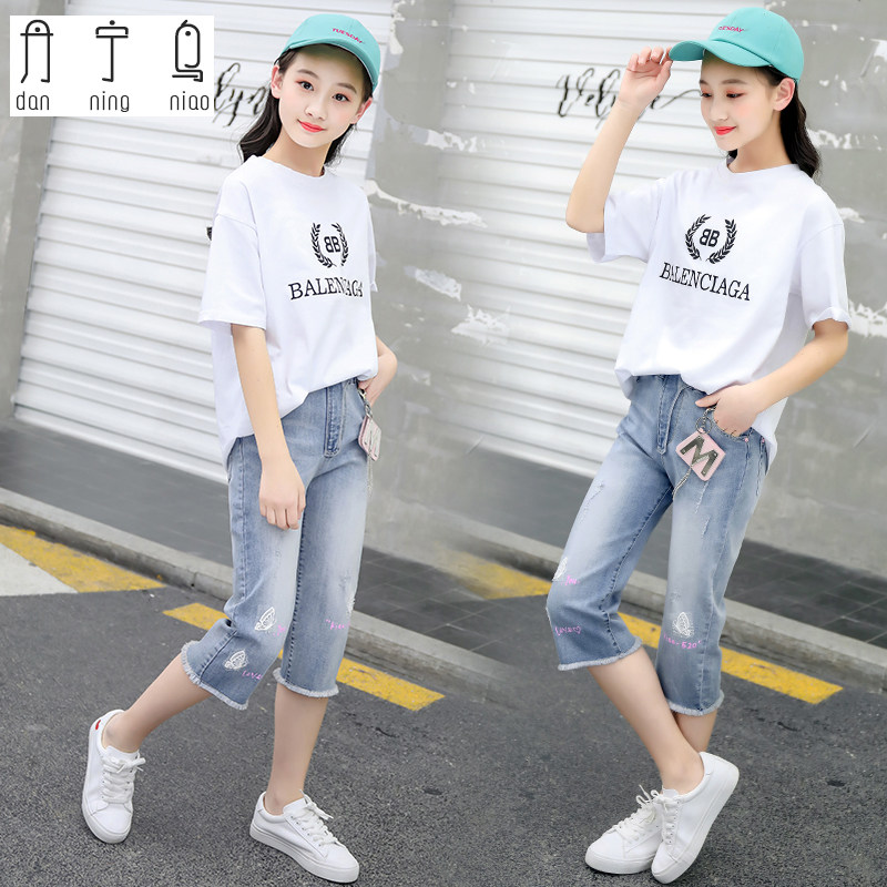 女童七分裤夏薄款百搭女童中裤外穿夏中大儿童牛仔裤女宽松五分短