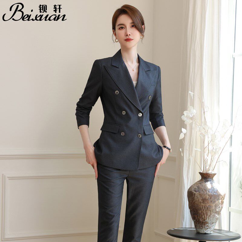 高端职业套装女士灰色时尚优雅气质双排扣西装教师公务员面试正装