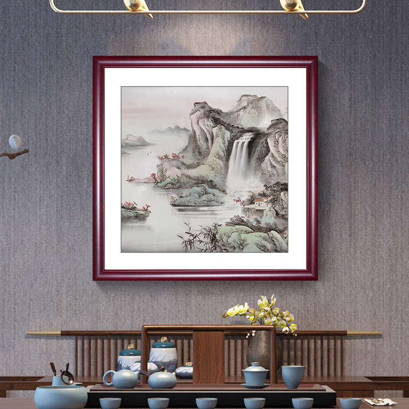 新中式国画流水生财玄关装饰画客厅沙发背景墙挂画旭日东升山水画