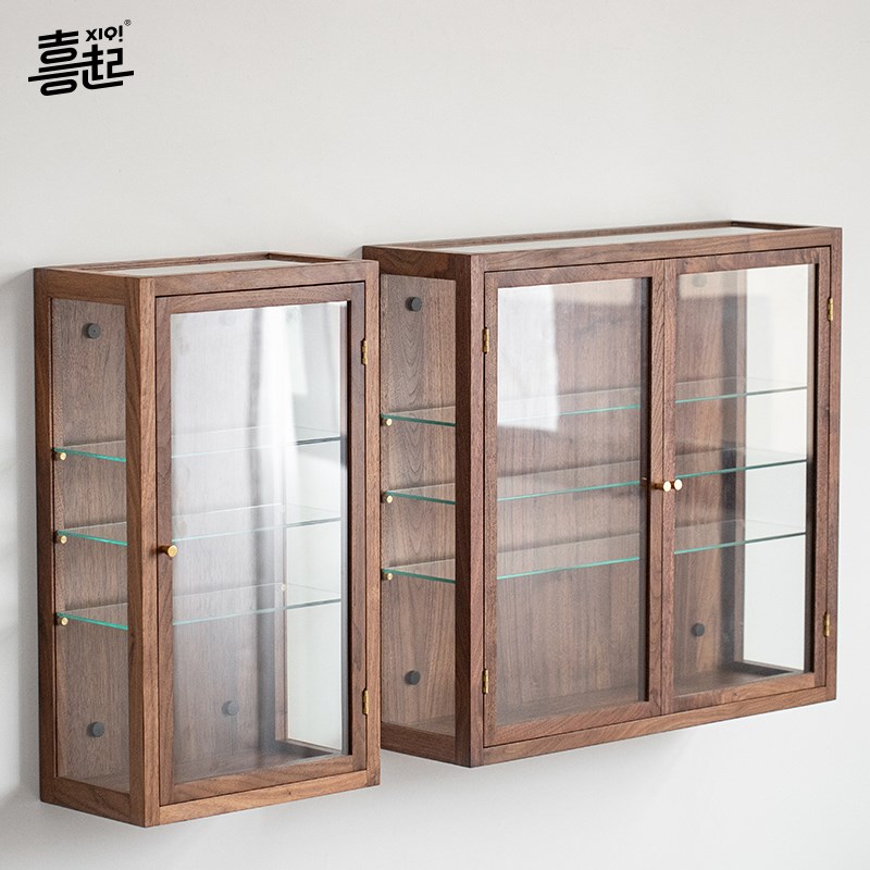 黑胡桃实木壁挂式玻璃收纳展示柜 墙上手办茶具茶杯子陈列柜壁柜