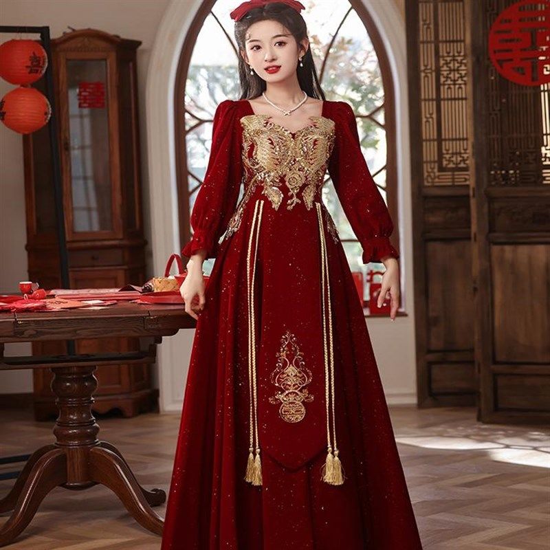 大码敬酒服新娘订婚礼服裙新款红色新中式胖mm回门服高级感结婚女