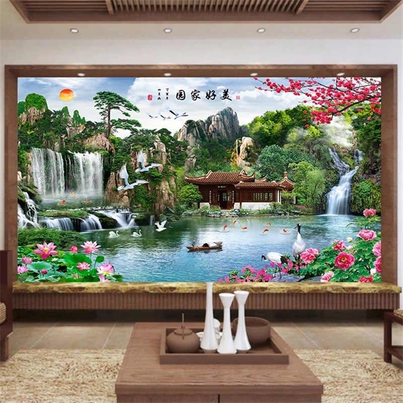 自粘风景贴画中式山水画贴纸客厅沙发背景墙招财装饰画大型墙壁画