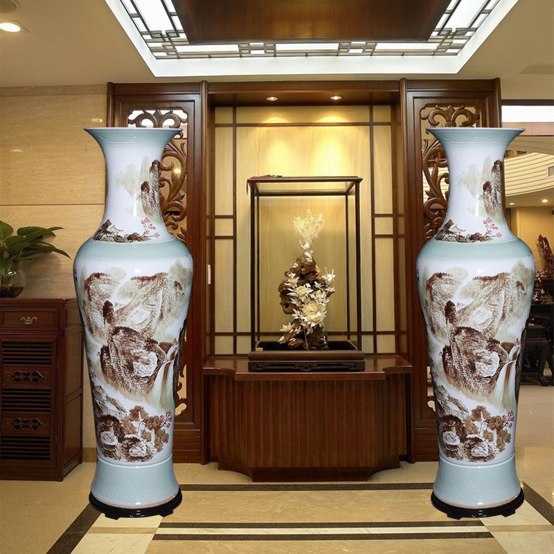 景德镇陶瓷器大号落地花瓶手绘墨彩山水新房客厅家居摆饰插花送礼