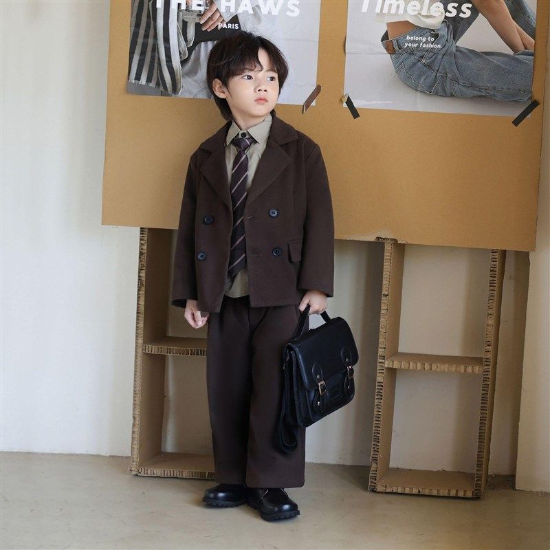 男童毛呢西装套装秋冬男孩生日礼服儿童外套冬季加绒休闲呢子西服