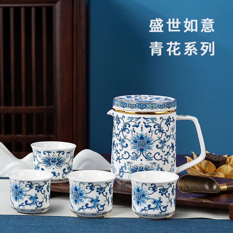 高淳陶瓷中式复古骨瓷茶具家用青花茶具套装高档瓷器轻奢茶壶茶杯