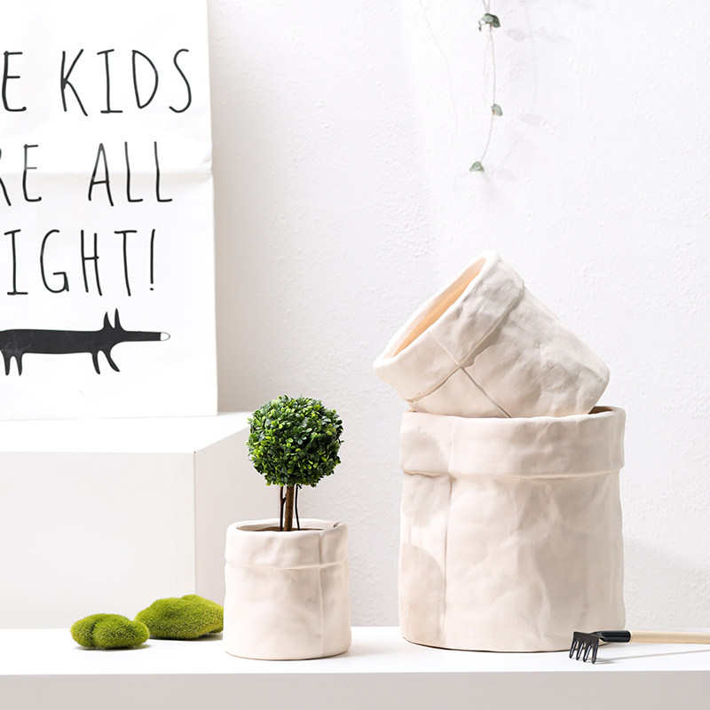 奶油风素烧陶土白陶花盆带托盘透气吸水布袋形状瓷器植物兰花多肉,鲜花速递/花卉仿真/绿植园艺,花盆,淘宝优惠券,粉丝福利购,淘宝优惠卷