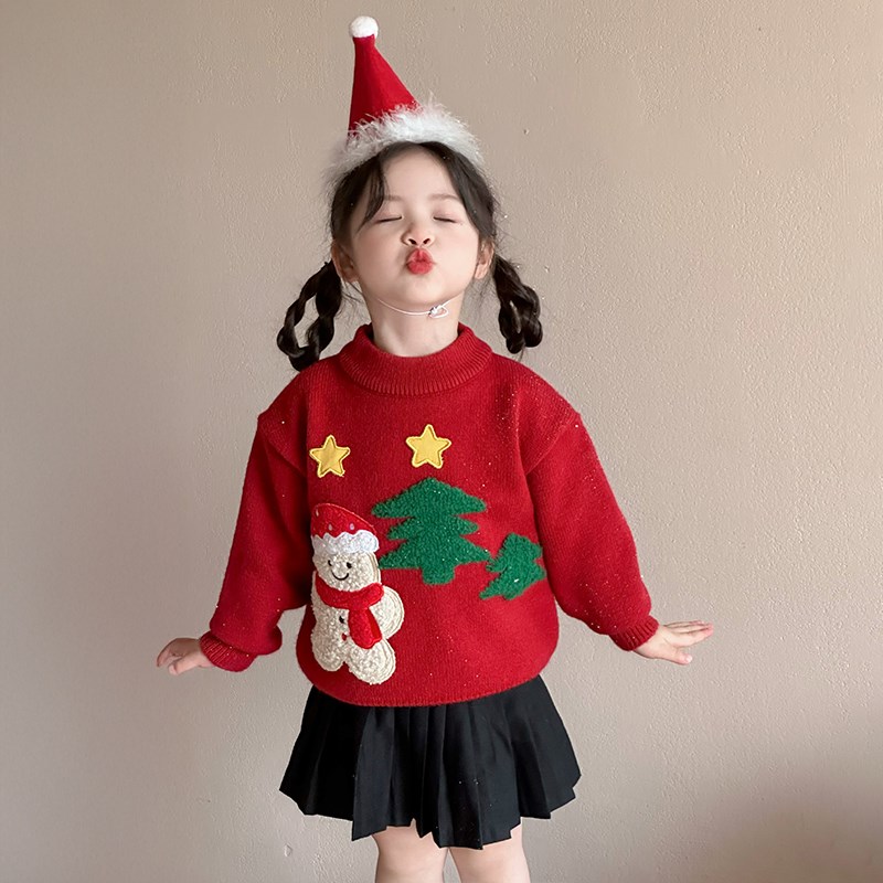 女童毛衣秋冬季加厚内搭打底女宝宝冬装圣诞衣服儿童新年红色上衣