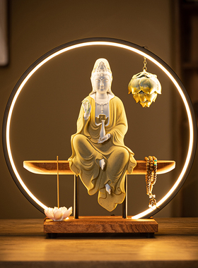 大号观音菩萨家用供奉观音佛像陶瓷摆件供家用观世音菩萨像背景灯