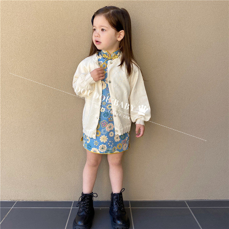 2021春秋女童针织开衫白色宝宝毛衣开衫洋气外搭女孩线衣纯棉外套