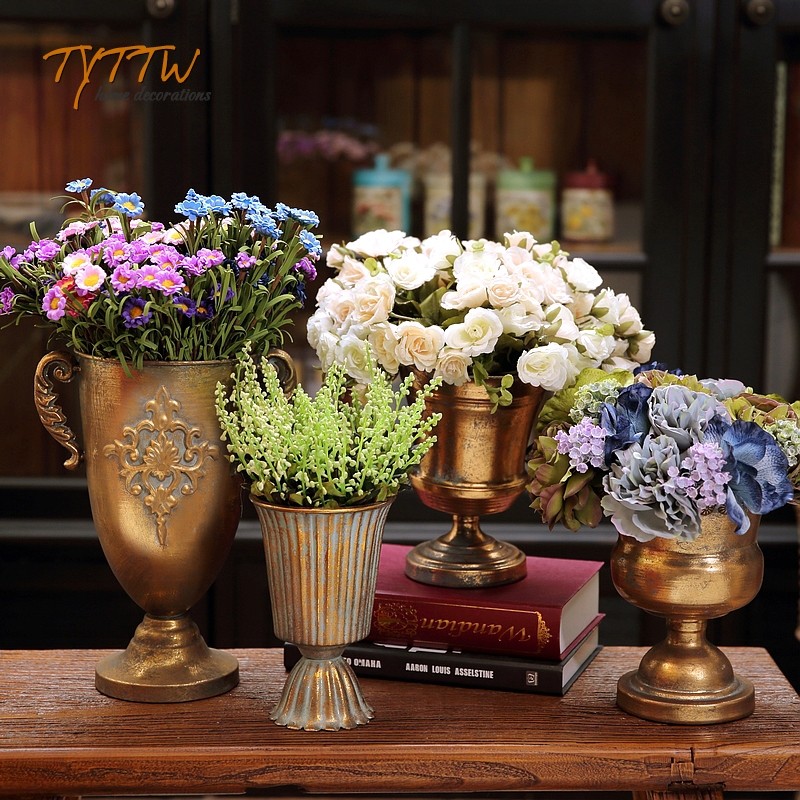 古典高脚杯花器复古金色做旧铁艺花器欧式花瓮,家居饰品,花桶,淘宝优惠券,粉丝福利购,淘宝优惠卷