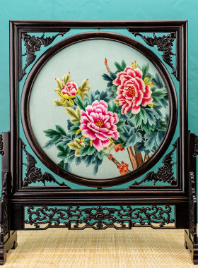 新中式茶几摆件手工双面绣摆台古典酒柜装饰品台屏中国风苏绣送礼