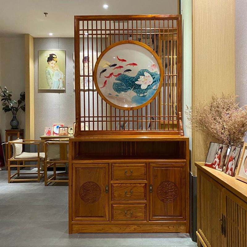 新中式榆木屏风玄关柜实木客厅门厅隔断柜间厅柜入户双面雕花鞋柜