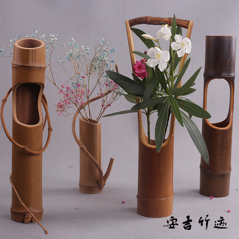 插花花瓶竹制花器简约创意客厅复古干花器中日式居装茶道摆件