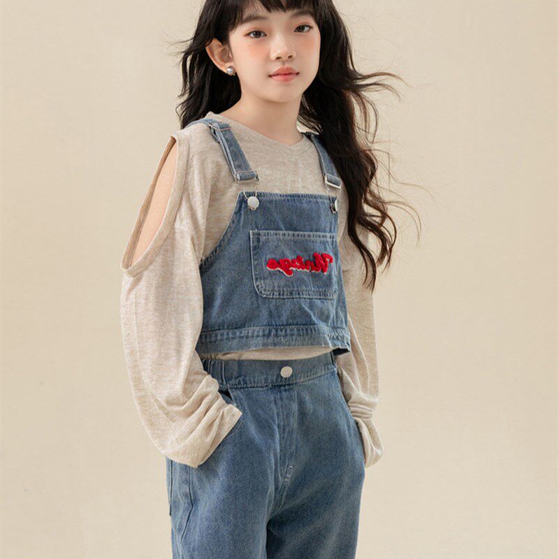 女童春装牛仔套装2024新款中大童洋气时髦两件套儿童背心直筒裤子