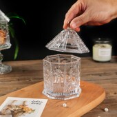 浮雕玻璃收纳罐透明首饰盒棉签化妆桌面收纳盒高脚糖罐装 饰摆件