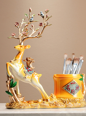 一鹿高升创意摆件带收纳筒书法毛笔筒 简约新中式家居桌面摆件