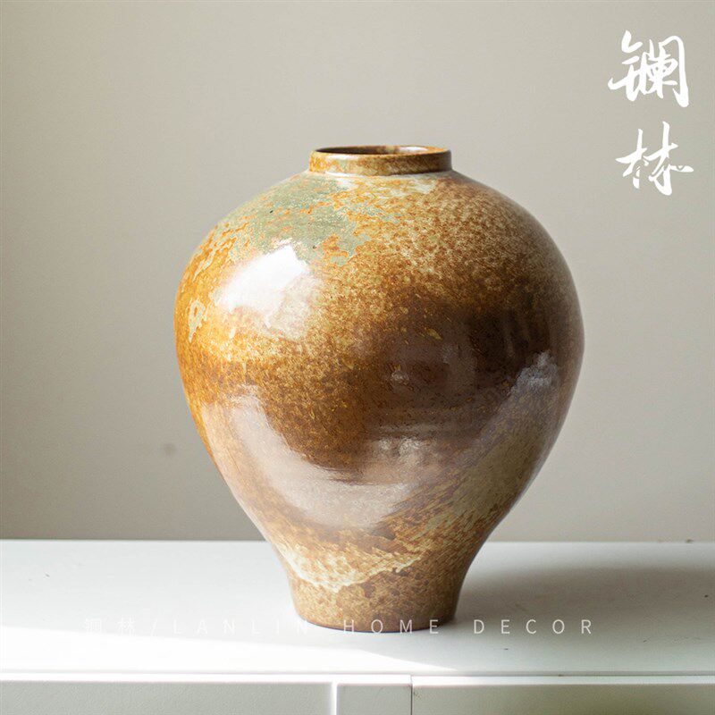 新中式粗陶花瓶复古侘寂风民宿酒店陶瓷摆件居家客厅装饰品老陶罐