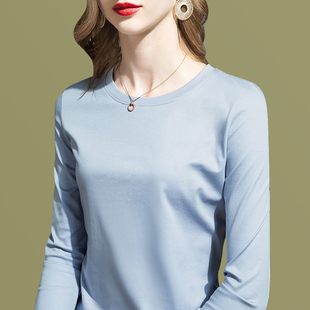 80支双面丝光棉长袖T恤女秋季2023新款V领纯棉显瘦百搭简约打底衫