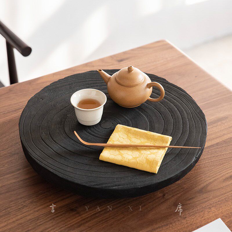 胡桃木侘寂风干泡茶台托盘桐木碳烧化功夫茶盘圆形隔热垫轻质便携