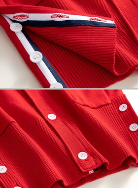 本命年红色针织开衫外套女2021新款春秋V领针织衫百搭四道杠毛衣