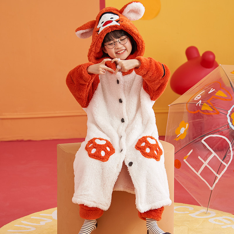 女童睡衣法兰绒冬季连帽睡袍女孩可爱学生宿舍加绒家居服套装皮卡