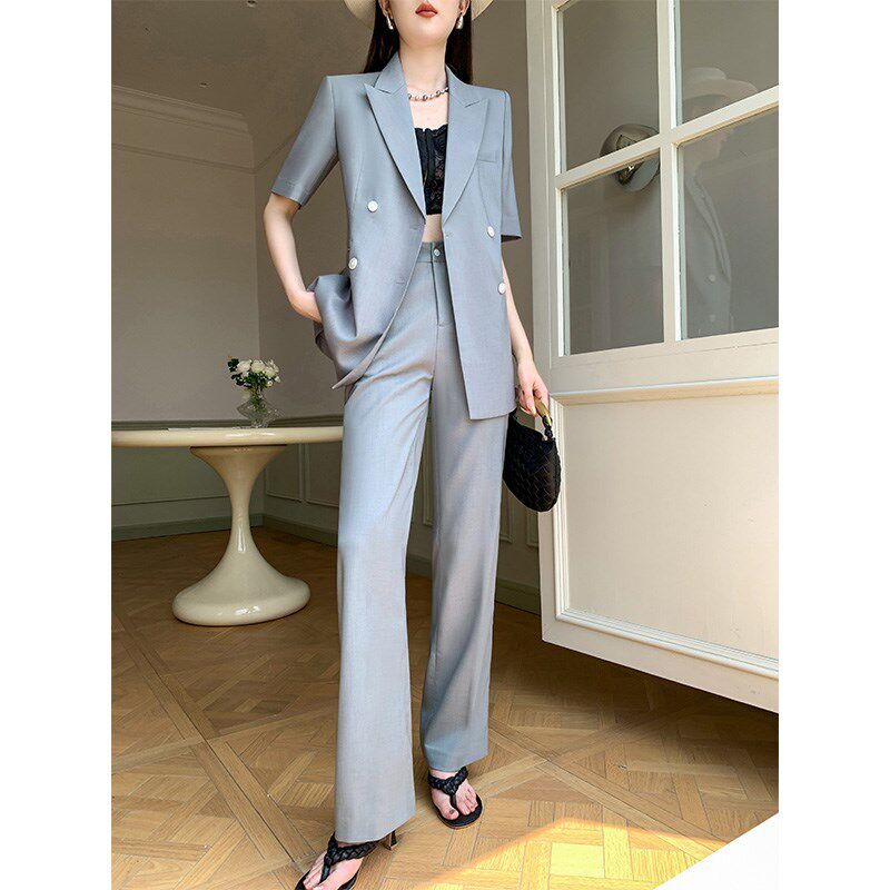 灰色夏天西装套装女薄款短袖高级感职业正装阔腿裤休闲工作服外套
