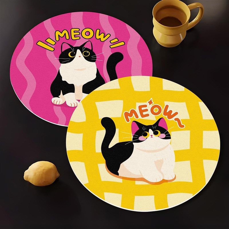 灰熊 X 叫我法师 可爱啊猫皮革吸水杯垫锅垫防滑圆形吧台隔热垫,居家布艺,餐垫,淘宝优惠券,粉丝福利购,淘宝优惠卷