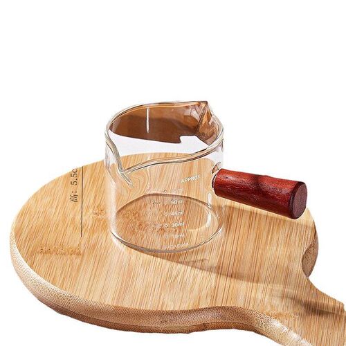 Glass milk cup with scale measuring cup and wooden handle