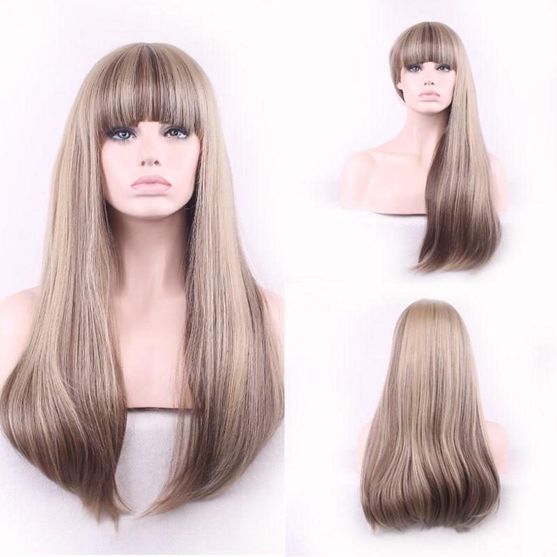 Rose Net Mixed Color Gradient Wig Straight Bangs Wig Full He