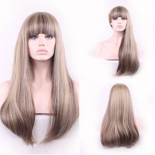 Rose Net Mixed Color Gradient Wig Straight Bangs Wig Full He