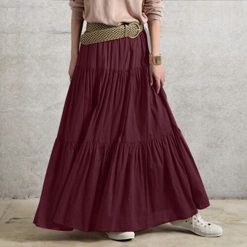 Womens Ruffled Casual Long Dress Plain Skirt Retro Style Pl