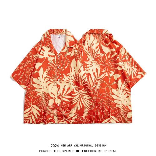 Mens Casual Beach Style Floral Stripe Non-Stch Short Sleeve