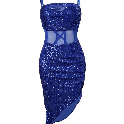 Contrast Mesh Spaghetti Strap Slit Sequin Dress Women