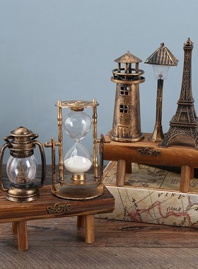 复古摆件灯塔沙漏摆件欧式发光路灯装饰木质底座风车沙漏摆饰