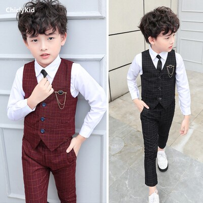 Boy Plaid Vest Blazer Kids Waistcoat Wedding Clothes Set Tod